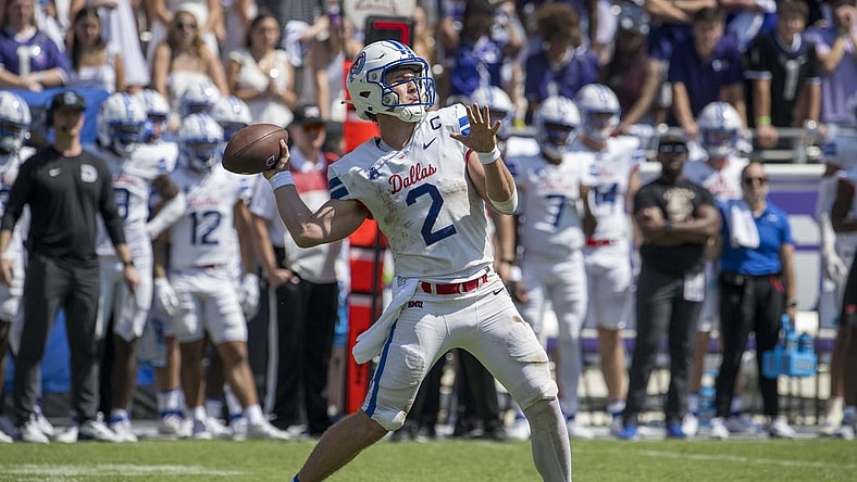 Sep 23, 2023; Fort Worth, Texas, USA; SMU Mustangs quarterback Preston Stone (2) in action during the game between the TCU Horned Frogs and the SMU Mustangs at Amon G. Carter Stadium. Mandatory Credit: Jerome Miron-USA TODAY Sports