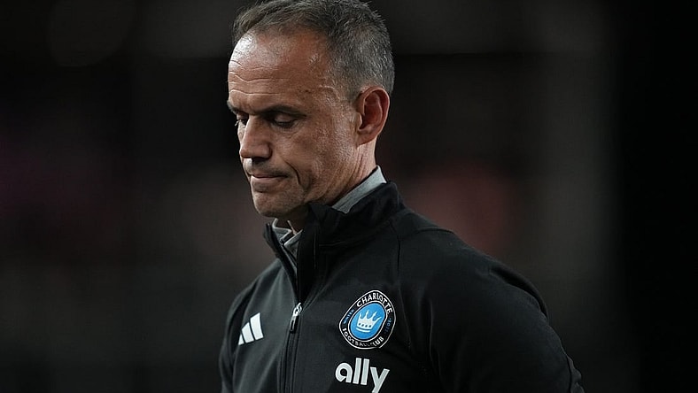 Oct 18, 2023; Fort Lauderdale, Florida, USA; Charlotte FC head coach Christian Lattanzio reacts during the second half at DRV PNK Stadium. Mandatory Credit: Jim Rassol-USA TODAY Sports