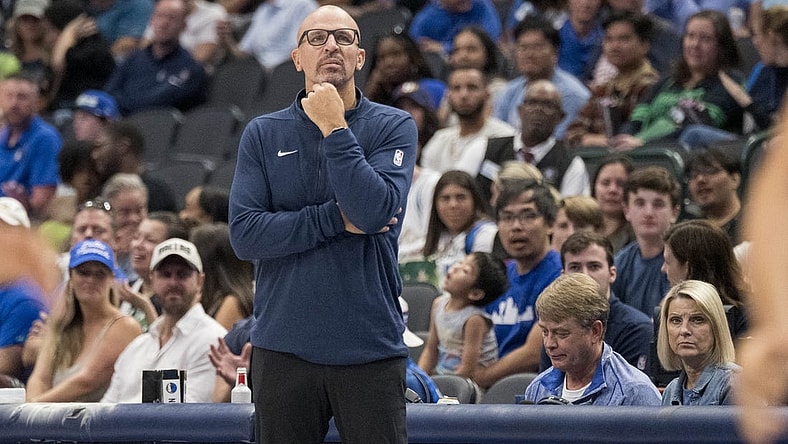 Oct 20, 2023; Dallas, Texas, USA; Dallas Mavericks head coach Jason Kidd watches the game against the Detroit Pistons during the second half at the American Airlines Center. Mandatory Credit: Jerome Miron-USA TODAY Sports