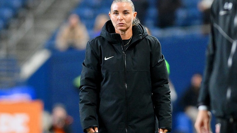 Oct 20, 2023; Seattle, Washington, USA; Angel City FC interim head coach Becki Tweed looks on against OL Reign during the second half at Lumen Field. Mandatory Credit: Steven Bisig-USA TODAY Sports