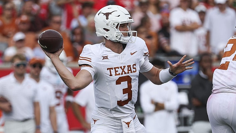Oct 21, 2023; Houston, Texas, USA;  Texas Longhorns quarterback Quinn Ewers (3) attempts a pass during the third quarter against the Houston Cougars at TDECU Stadium. Mandatory Credit: Troy Taormina-USA TODAY Sports