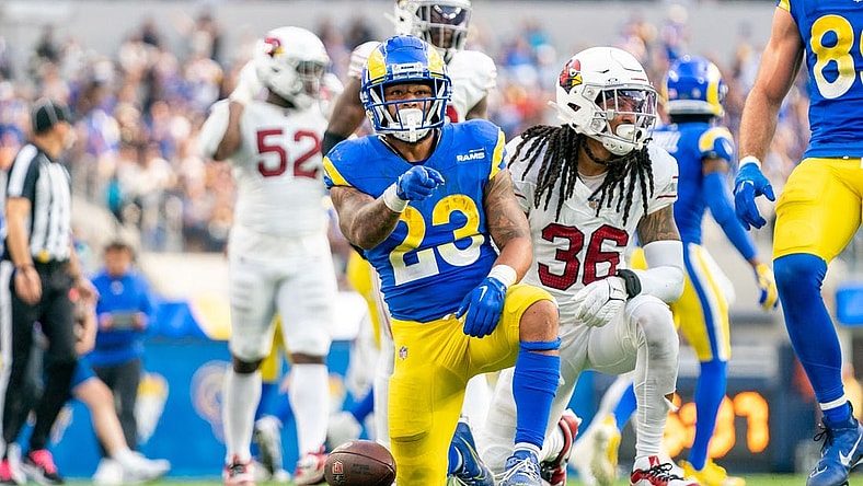 October 15, 2023; Inglewood, California, USA; Los Angeles Rams running back Kyren Williams (23) celebrates a first down during the third quarter against the Arizona Cardinals at SoFi Stadium. Mandatory Credit: Kyle Terada-USA TODAY Sports
