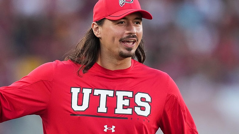 Oct 21, 2023; Los Angeles, California, USA; Utah Utes quarterback Cam Rising reacts against the Southern California Trojans at United Airlines Field at Los Angeles Memorial Coliseum. Mandatory Credit: Kirby Lee-USA TODAY Sports