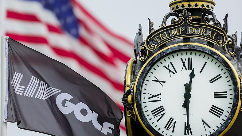 Oct 22, 2023; Doral, Florida, USA; An LIV Golf flag waves during the final round of the LIV Golf Miami golf tournament at Trump National Doral. Mandatory Credit: Sam Navarro-USA TODAY Sports