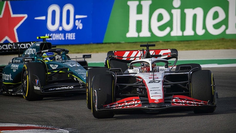 Oct 21, 2023; Austin, Texas, USA; Moneygram Haas F1 driver Kevin Magnussen (20) of Team Denmark drives during the Sprint Race of the 2023 United States Grand Prix at Circuit of the Americas. Mandatory Credit: Jerome Miron-USA TODAY Sports