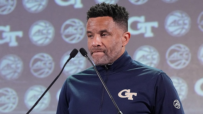 Oct 25, 2023; Charlotte, NC, USA;  Georgia Tech coach Damon Stoudamire speaks to the media during the ACC Tipoff at Hilton Charlotte Uptown. Mandatory Credit: Jim Dedmon-USA TODAY Sports