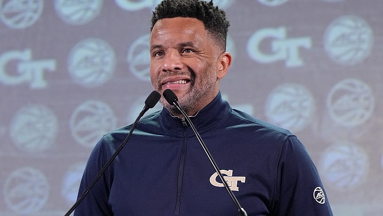 Oct 25, 2023; Charlotte, NC, USA; Georgia Tech coach Damon Stoudamire speaks to the media during the ACC Tipoff at Hilton Charlotte Uptown. Mandatory Credit: Jim Dedmon-USA TODAY Sports