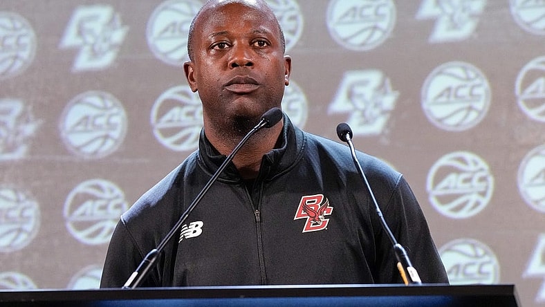 Oct 25, 2023; Charlotte, NC, USA;  Boston College coach Earl Grant speaks to the media during the ACC Tipoff at Hilton Charlotte Uptown. Mandatory Credit: Jim Dedmon-USA TODAY Sports
