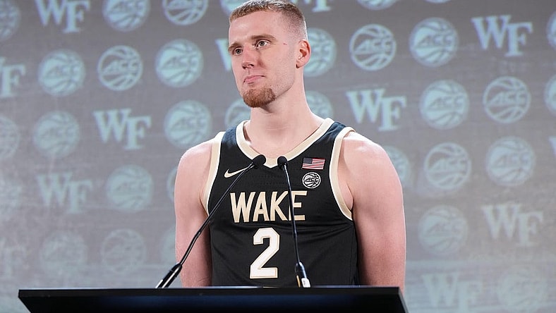 Oct 25, 2023; Charlotte, NC, USA; Wake Forest Demon Deacons player Cameron Hildreth  speaks to the media during the ACC Tipoff at Hilton Charlotte Uptown. Mandatory Credit: Jim Dedmon-USA TODAY Sports