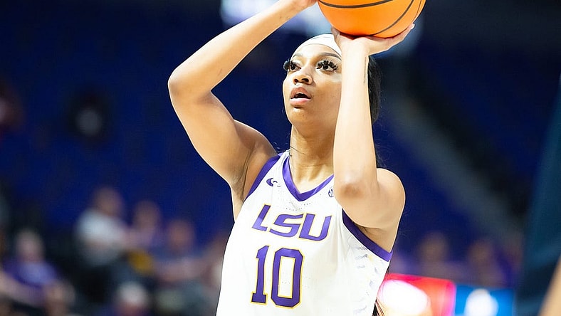 Angel Reese (10) shoots a free throw as LSU Womens Basketball host East Texas Baptist. Thursday, Oct. 26, 2023.