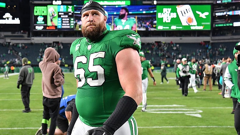 Oct 22, 2023; Philadelphia, Pennsylvania, USA; Philadelphia Eagles offensive tackle Lane Johnson (65) against the Miami Dolphins at Lincoln Financial Field. Mandatory Credit: Eric Hartline-USA TODAY Sports