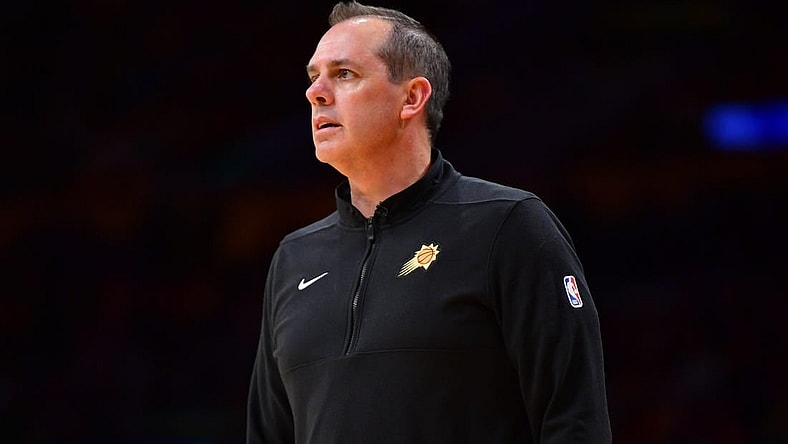 Oct 26, 2023; Los Angeles, California, USA; Phoenix Suns head coach Frank Vogel watches game action against the Los Angeles Lakers during the first half at Crypto.com Arena. Mandatory Credit: Gary A. Vasquez-USA TODAY Sports