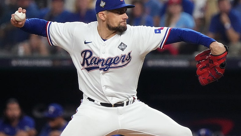 Texas Rangers starting pitcher Nathan Eovaldi (17) throws a pitch against the Arizona Diamondbacks during the second inning in game one of the 2023 World Series at Globe Life Field in Arlington, Texas, on Oct. 27, 2023.