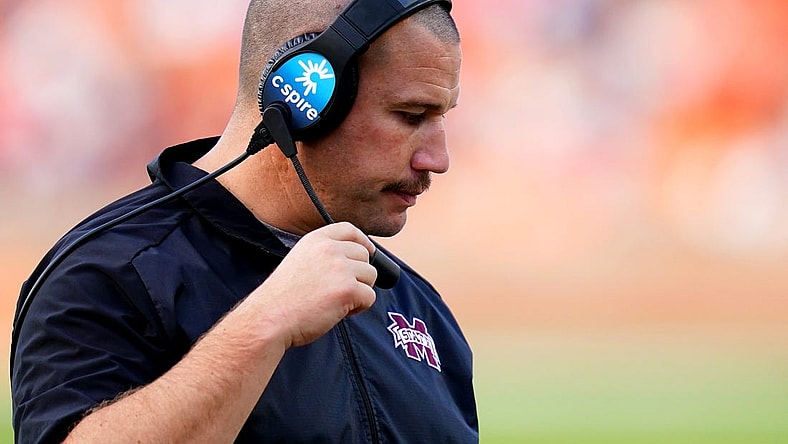 Oct 28, 2023; Auburn, Alabama, USA; Mississippi State Bulldogs head coach Zach Arnett reacts after a failed series of down against the Auburn Tigers during the second half at Jordan-Hare Stadium. Mandatory Credit: John David Mercer-USA TODAY Sports