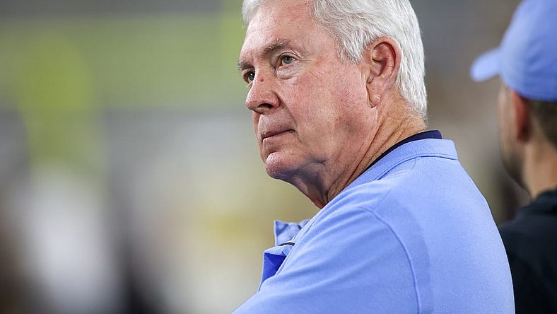 Oct 28, 2023; Atlanta, Georgia, USA; North Carolina Tar Heels head coach Mack Brown on the field before a game against the Georgia Tech Yellow Jackets at Bobby Dodd Stadium at Hyundai Field. Mandatory Credit: Brett Davis-USA TODAY Sports