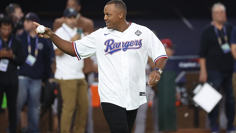Oct 28, 2023; Arlington, TX, USA; Former Texas Rangers player Adrian Beltre walks to the mound to throw out the ceremonial first pitch before the game between the Texas Rangers and the Arizona Diamondbacks in game two of the 2023 World Series at Globe Life Field. Mandatory Credit:Kevin Jairaj-USA TODAY Sports