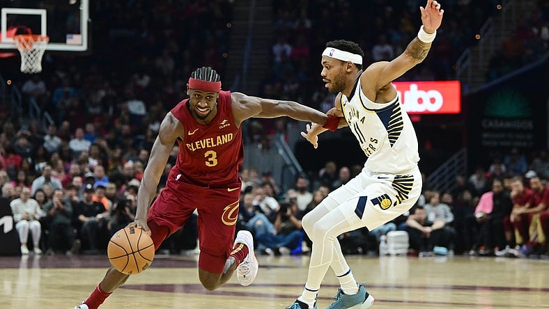 Oct 28, 2023; Cleveland, Ohio, USA; Cleveland Cavaliers guard Caris LeVert (3) drives to the basket against Indiana Pacers forward Bruce Brown (11) during the first half at Rocket Mortgage FieldHouse. Mandatory Credit: Ken Blaze-USA TODAY Sports