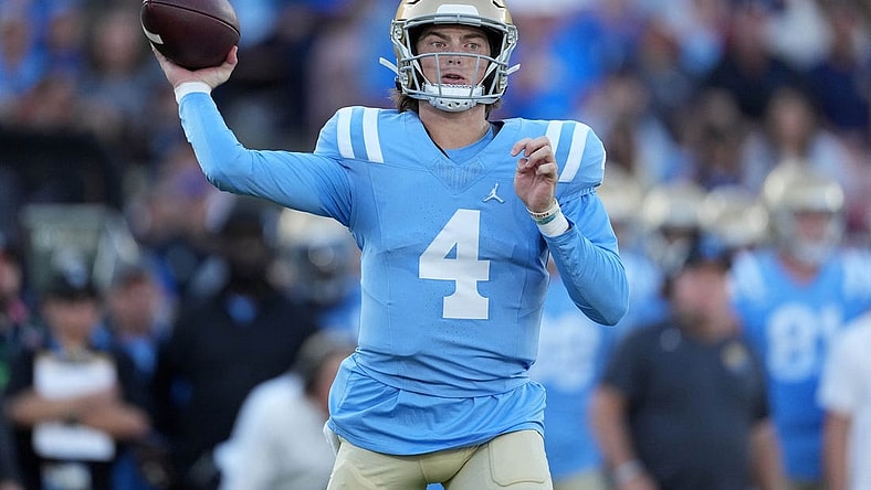 Oct 28, 2023; Pasadena, California, USA; UCLA Bruins quarterback Ethan Garbers (4) throws the ball against the Colorado Buffaloes in the first half at Rose Bowl. Mandatory Credit: Kirby Lee-USA TODAY Sports