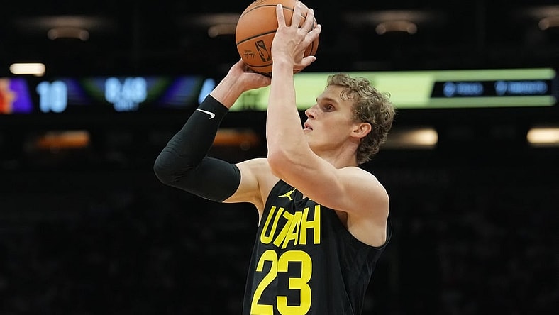 Oct 28, 2023; Phoenix, Arizona, USA; Utah Jazz forward Lauri Markkanen (23) shoots against the Phoenix Suns during the first half at Footprint Center. Mandatory Credit: Joe Camporeale-USA TODAY Sports
