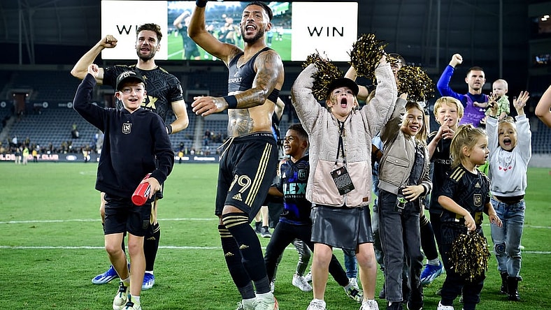 Oct 28, 2023; Los Angeles, CA, USA; Los Angeles FC forward Denis Bouanga (99) celebrates on the field after the match against the Vancouver Whitecaps FC in game one in a round one match of the 2023 MLS Cup Playoffs at BMO Stadium. Mandatory Credit: Jon Durr-USA TODAY Sports