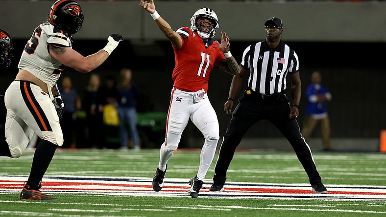 Arizona Wildcats quarterback Noah Fifita throws downfield against Oregon State. Mandatory Credit: Zachary BonDurant-USA TODAY Sports