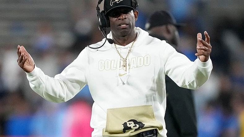 Oct 28, 2023; Pasadena, California, USA; Colorado Buffaloes head coach Deion Sanders reacts against the UCLA Bruins in the second half at Rose Bowl. Mandatory Credit: Kirby Lee-USA TODAY Sports