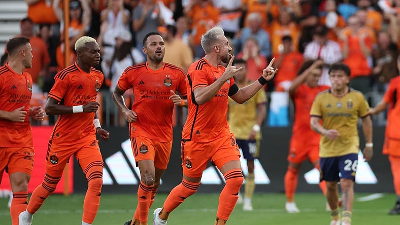 Oct 29, 2023; Houston, TX, USA; Houston Dynamo midfielder Hector Herrera (16) reacts after scoring a goal against Real Salt Lake game one in a round one match of the 2023 MLS Cup Playoffs at Shell Energy Stadium. Mandatory Credit: Thomas Shea-USA TODAY Sports