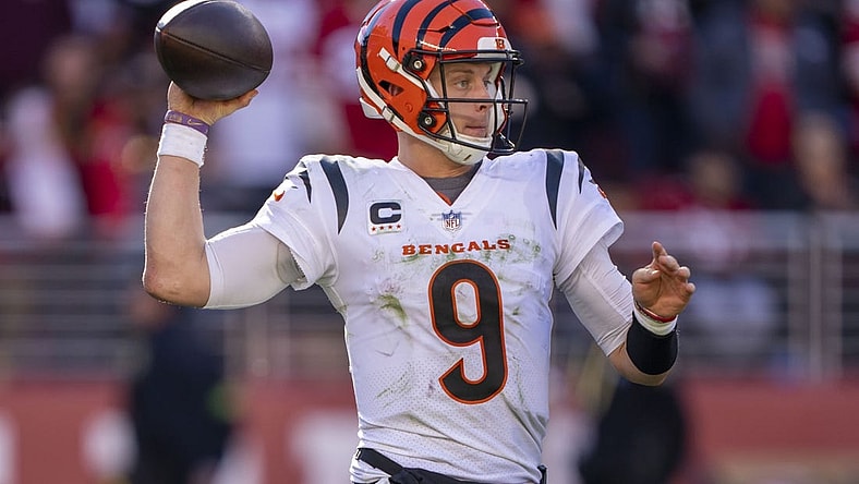 October 29, 2023; Santa Clara, California, USA; Cincinnati Bengals quarterback Joe Burrow (9) passes the football against the San Francisco 49ers during the third quarter at Levi's Stadium. Mandatory Credit: Kyle Terada-USA TODAY Sports