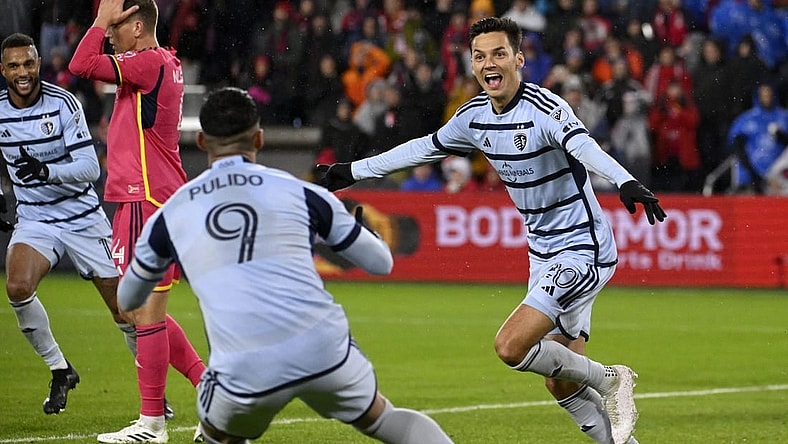 Oct 29, 2023; St. Louis, MO, USA; Sporting Kansas City forward Daniel Salloi (20) celebrates after a goal during the second half of game one in a round one match of the 2023 MLS Cup Playoffs against St. Louis City at CITYPARK. Mandatory Credit: Joe Puetz-USA TODAY Sports