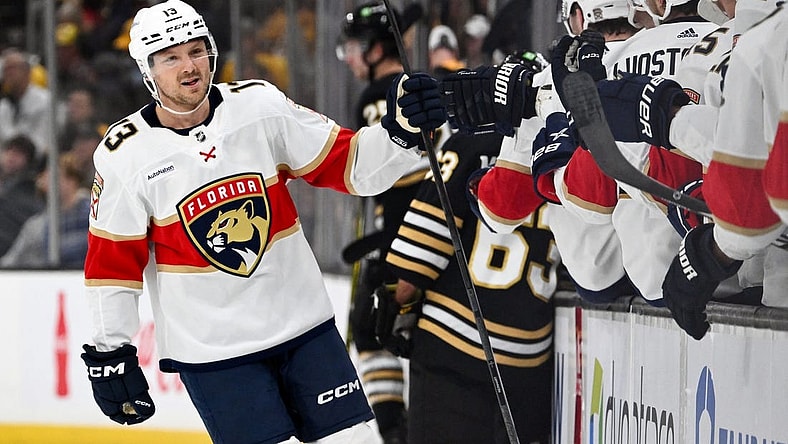 Oct 30, 2023; Boston, Massachusetts, USA; Florida Panthers center Sam Reinhart (13) celebrates with his teammates after scoring a goal against the Boston Bruins during the first period at the TD Garden. Mandatory Credit: Brian Fluharty-USA TODAY Sports