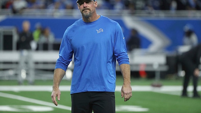 Detroit Lions head coach Dan Campbell on the field during warmups before action against the Las Vegas Raiders at Ford Field, Monday, Oct. 30, 2023.