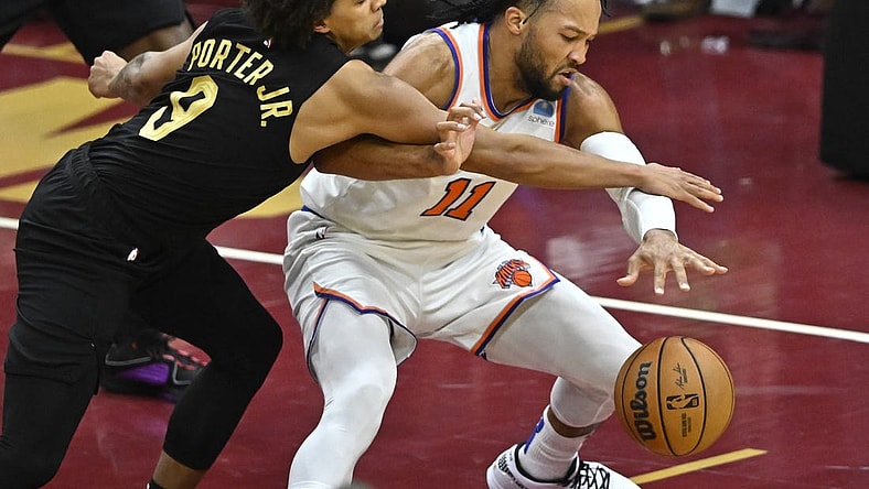 Oct 31, 2023; Cleveland, Ohio, USA; Cleveland Cavaliers guard Craig Porter (9) defends New York Knicks guard Jalen Brunson (11) in the fourth quarter at Rocket Mortgage FieldHouse. Mandatory Credit: David Richard-USA TODAY Sports
