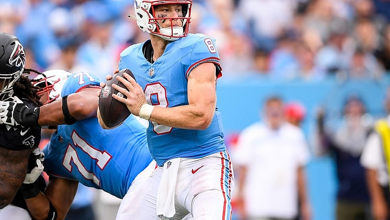 Oct 29, 2023; Nashville, Tennessee, USA;  Tennessee Titans quarterback Will Levis (8) during the first second at Nissan Stadium. Mandatory Credit: Steve Roberts-USA TODAY Sports