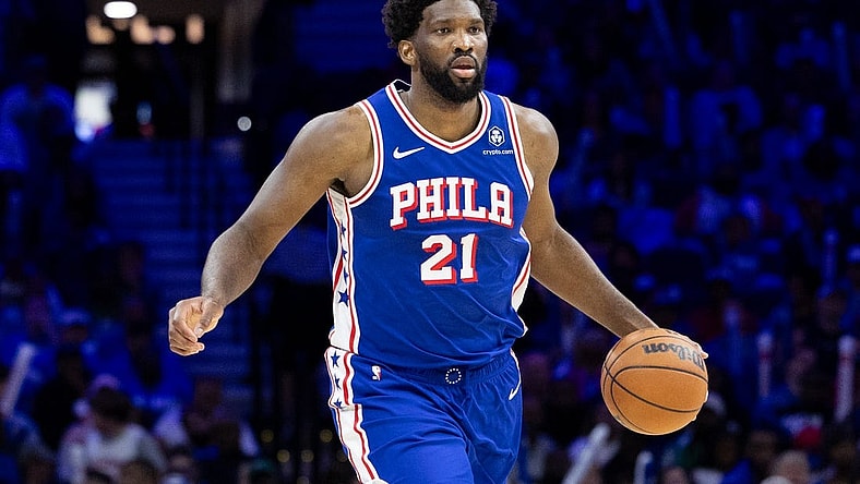 Oct 29, 2023; Philadelphia, Pennsylvania, USA; Philadelphia 76ers center Joel Embiid (21) in action against the Portland Trail Blazers during the third quarter at Wells Fargo Center. Mandatory Credit: Bill Streicher-USA TODAY Sports