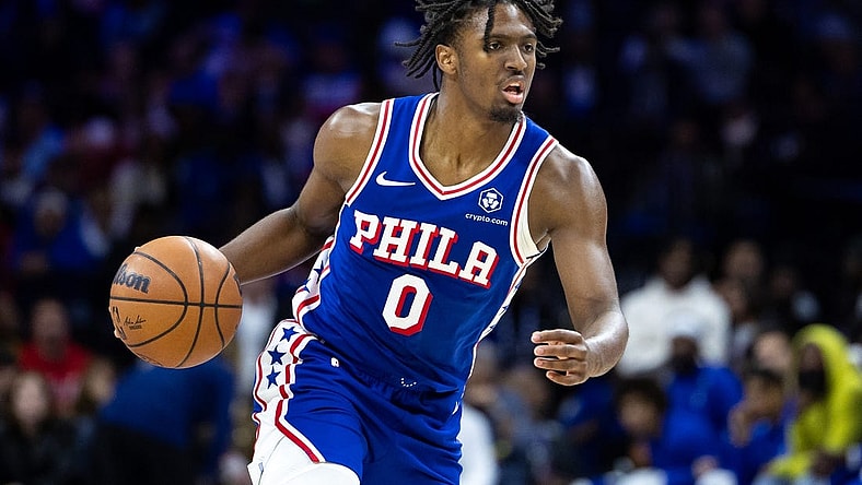 Oct 29, 2023; Philadelphia, Pennsylvania, USA; Philadelphia 76ers guard Tyrese Maxey (0) in action against the Portland Trail Blazers during the third quarter at Wells Fargo Center. Mandatory Credit: Bill Streicher-USA TODAY Sports