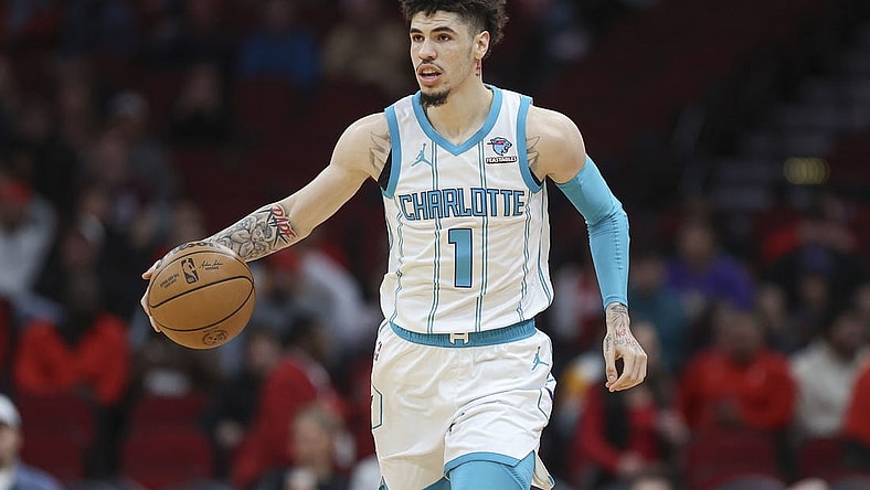 Nov 1, 2023; Houston, Texas, USA; Charlotte Hornets guard LaMelo Ball (1) brings the ball up the court during the first quarter against the Houston Rockets at Toyota Center. Mandatory Credit: Troy Taormina-USA TODAY Sports