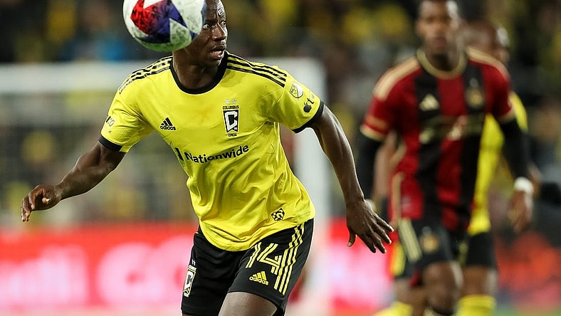 Nov 1, 2023; Columbus, Ohio, USA;Columbus Crew midfielder Yaw Yeboah (14) pursues the ball during the first half of game one against Atlanta United in a round one match of the 2023 MLS Cup Playoffs at Lower.com Field. Mandatory Credit: Joseph Maiorana-USA TODAY Sports