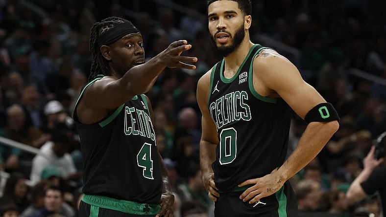 Nov 1, 2023; Boston, Massachusetts, USA; Boston Celtics guard Jrue Holiday (4) talks with forward Jayson Tatum (0) during the second half against the Indiana Pacers at TD Garden. Mandatory Credit: Winslow Townson-USA TODAY Sports