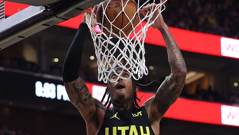 Nov 1, 2023; Salt Lake City, Utah, USA; Utah Jazz guard Jordan Clarkson (00) dunks the ball against the Memphis Grizzlies in the second quarter at Delta Center. Mandatory Credit: Rob Gray-USA TODAY Sports