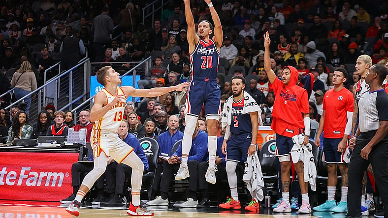 Nov 1, 2023; Atlanta, Georgia, USA; Washington Wizards guard Landry Shamet (20) shoots against the Atlanta Hawks in the second half at State Farm Arena. Mandatory Credit: Brett Davis-USA TODAY Sports