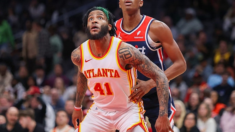 Nov 1, 2023; Atlanta, Georgia, USA; Atlanta Hawks forward Saddiq Bey (41) boxes out Washington Wizards guard Bilal Coulibaly (0) in the second half at State Farm Arena. Mandatory Credit: Brett Davis-USA TODAY Sports