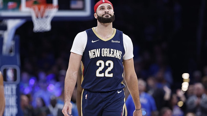 Nov 1, 2023; Oklahoma City, Oklahoma, USA; New Orleans Pelicans forward Larry Nance Jr. (22) walks down the court during the second half against the Oklahoma City Thunder at Paycom Center. New Orleans won 110-106. Mandatory Credit: Alonzo Adams-USA TODAY Sports