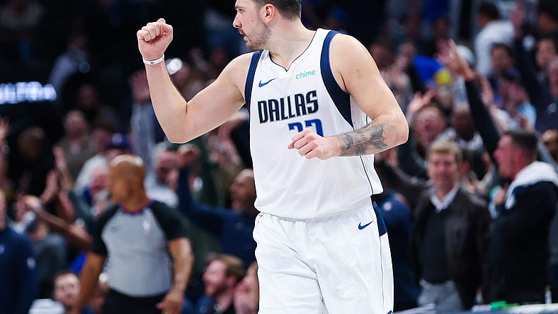 Nov 1, 2023; Dallas, Texas, USA;  Dallas Mavericks guard Luka Doncic (77) reacts during the second half against the Chicago Bulls at American Airlines Center. Mandatory Credit: Kevin Jairaj-USA TODAY Sports