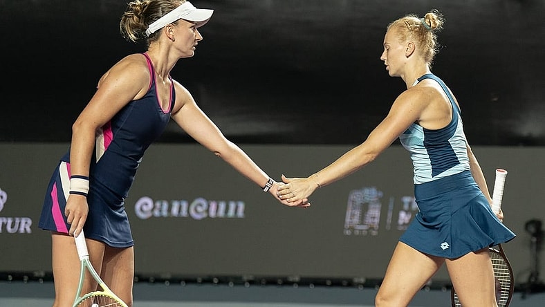 Nov 1, 2023; Cancun, Mexico; Babora Krejcikova (CZE) and Katerina Siniakova (CZE) during their doubles match against Coco Gauff (USA) and Jessica Pegula (USA) on day four of the GNP Saguaros WTA Finals Cancun. Mandatory Credit: Susan Mullane-USA TODAY Sports