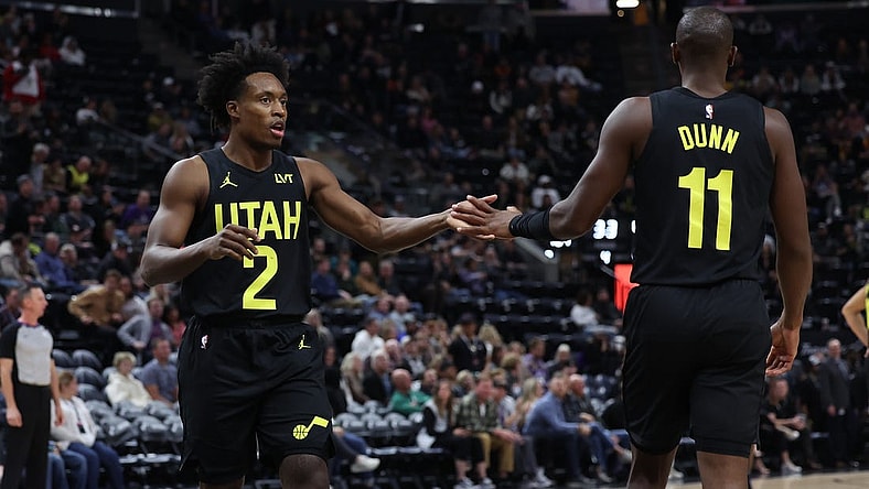 Nov 1, 2023; Salt Lake City, Utah, USA; Utah Jazz guard Collin Sexton (2) and guard Kris Dunn (11) react to the final buzzer in a game against the Memphis Grizzlies at Delta Center. Mandatory Credit: Rob Gray-USA TODAY Sports