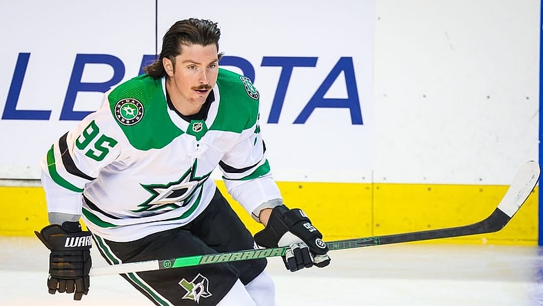 Nov 1, 2023; Calgary, Alberta, CAN; Dallas Stars center Matt Duchene (95) skates during the warmup period against the Calgary Flames at Scotiabank Saddledome. Mandatory Credit: Sergei Belski-USA TODAY Sports