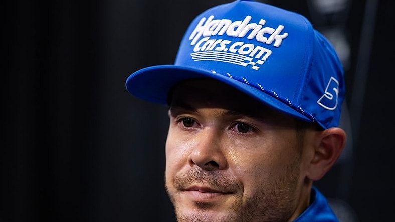 Nov 2, 2023; Avondale, Arizona, USA; NASCAR Cup Series driver Kyle Larson speaks to the media during Championship Media Day at Phoenix Raceway. Mandatory Credit: Mark J. Rebilas-USA TODAY Sports