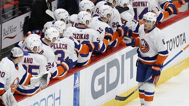 Nov 2, 2023; Washington, District of Columbia, USA; New York Islanders defenseman Ryan Pulock (6) celebrates with teammates after scoring a goal against the Washington Capitals in the first period at Capital One Arena. Mandatory Credit: Geoff Burke-USA TODAY Sports