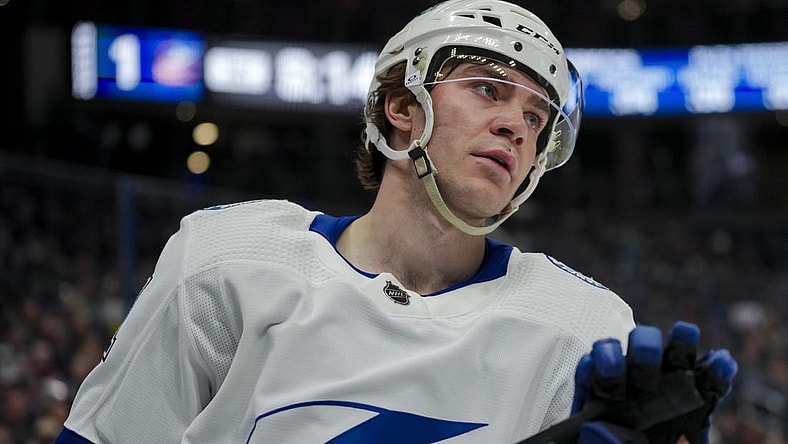 Nov 2, 2023; Columbus, Ohio, USA;  Tampa Bay Lightning center Brayden Point (21) skates during a stop in play against the Columbus Blue Jackets in the first period at Nationwide Arena. Mandatory Credit: Aaron Doster-USA TODAY Sports