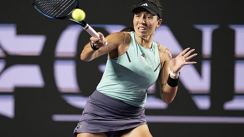 Nov 2, 2023; Cancun, Mexico; Jessica Pegula (USA) returns a shot during her match against Maria Sakkari (GRE) on day five of the GNP Saguaros WTA Finals Cancun. Mandatory Credit: Susan Mullane-USA TODAY Sports